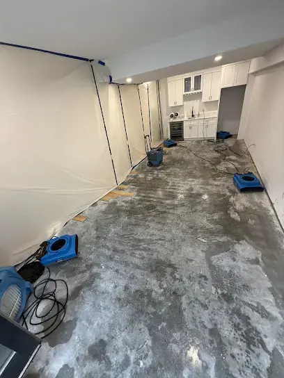 Hallway subfloor exposed with air movers running to dry it