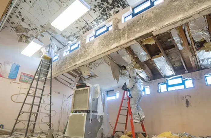 Technician in protective gear working under ladders where the ceiling is opened to the joists